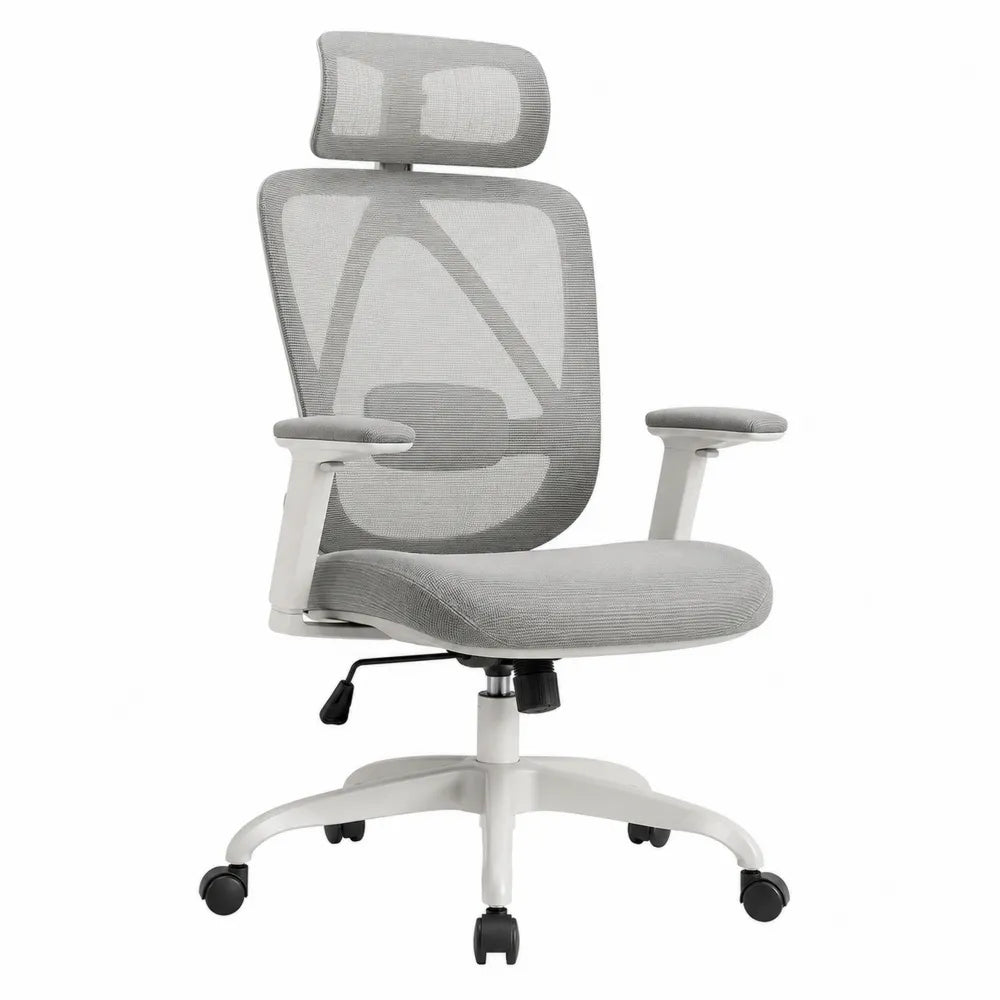Silla de oficina ergonómica con respaldo de malla y reposabrazos ajustables gris