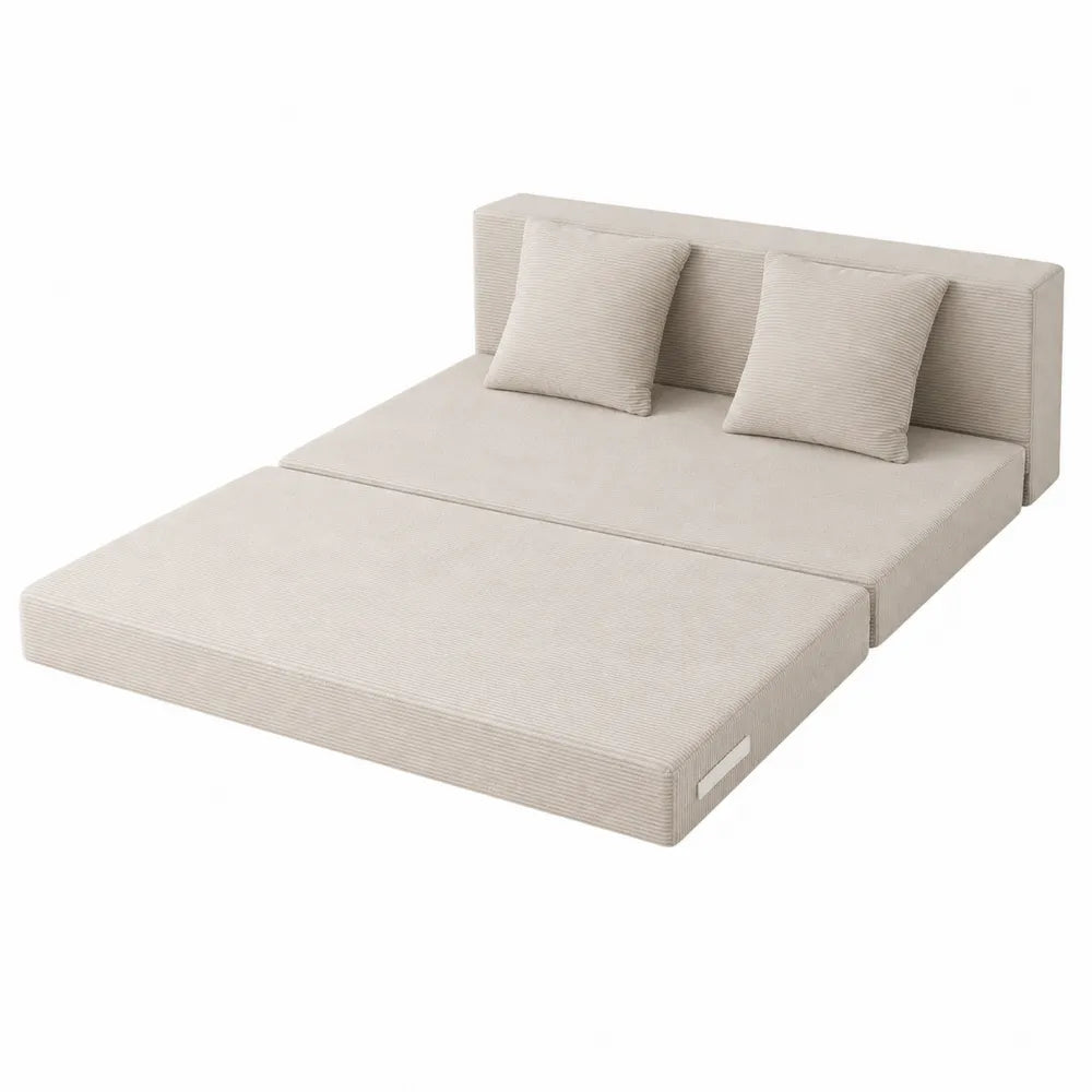 Sofá cama plegable de espuma y poliéster beige 200x140 cm