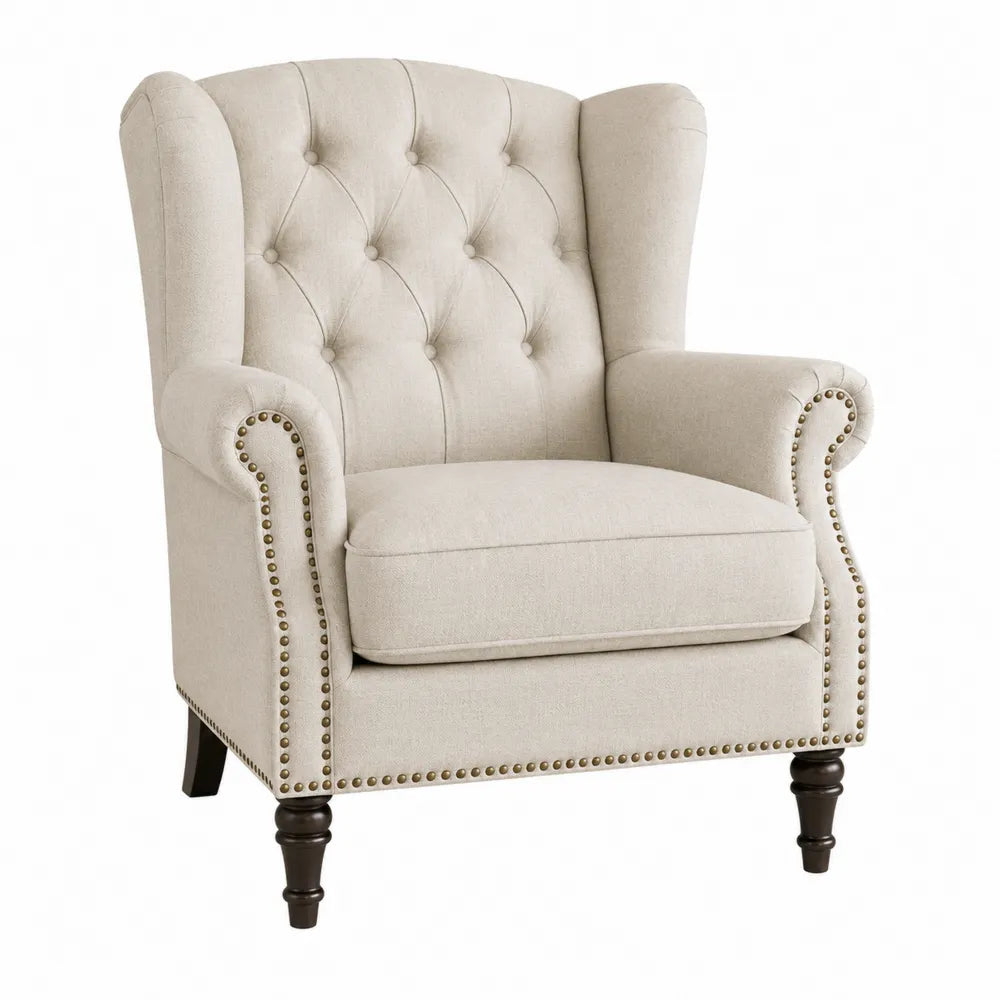 Sillón de lino beige con patas de madera maciza
