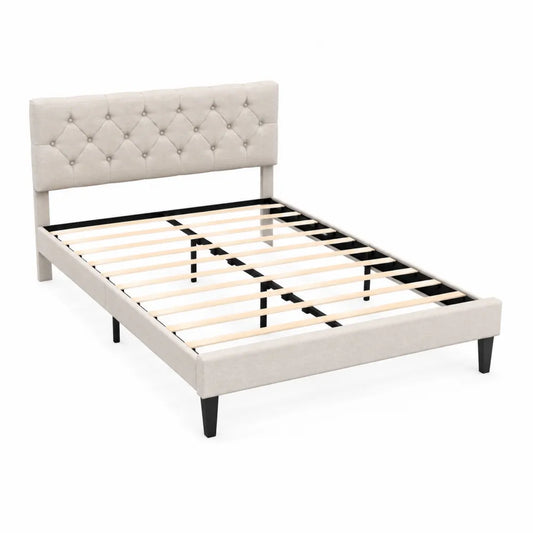 Cama con cabecero tapizado beige 200x160 cm de madera y metal