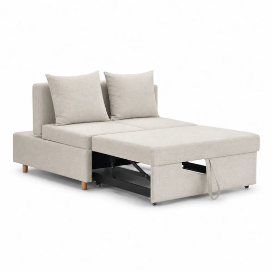 Sofá cama beige de lino, 2 plazas, estructura ajustable, patas de madera