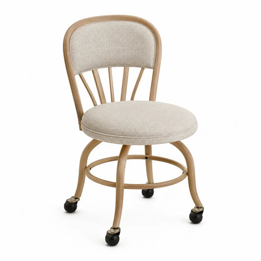 Silla con ruedas beige tapizada en lino y estructura de madera