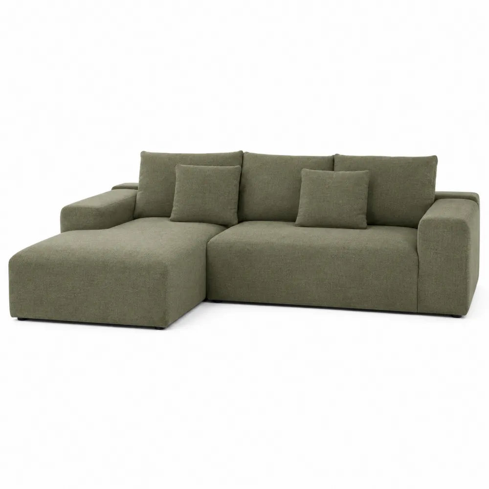 Sofá chaise longue en L verde, 3 plazas, tela poliéster, 250x160x85 cm