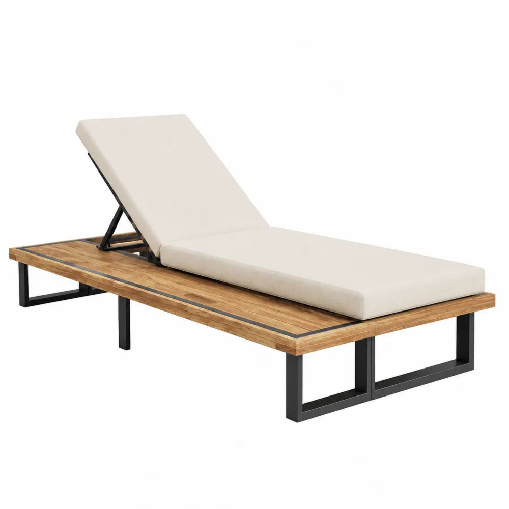 Tumbona de madera de acacia y acero con cojín de poliéster beige