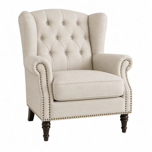 Sillón de lino beige con patas de madera maciza