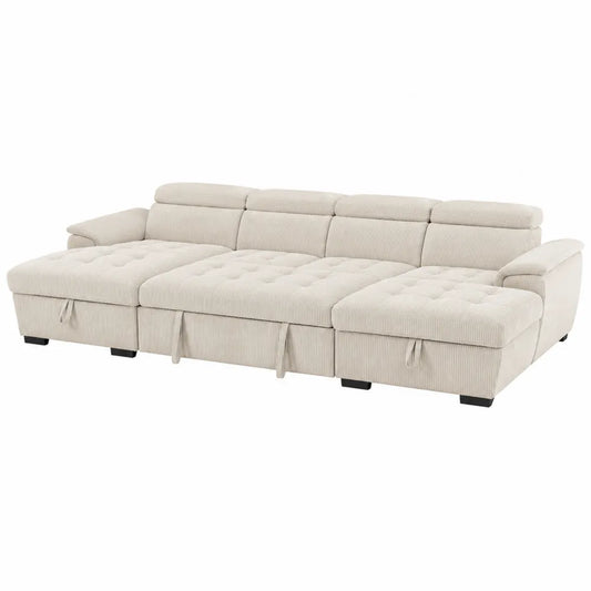 Sofá rinconero de chenilla beige con almacenamiento
