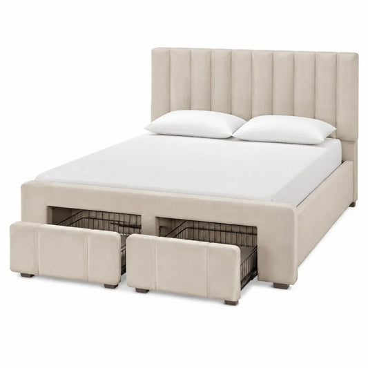 Cama de almacenaje en poliéster beige con cajones de 200x160 cm