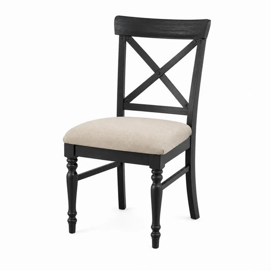 Silla de comedor de madera negra con asiento de poliéster beige