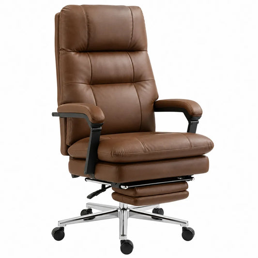 Silla de oficina reclinable de cuero sintético marrón con reposapiés y base de acero