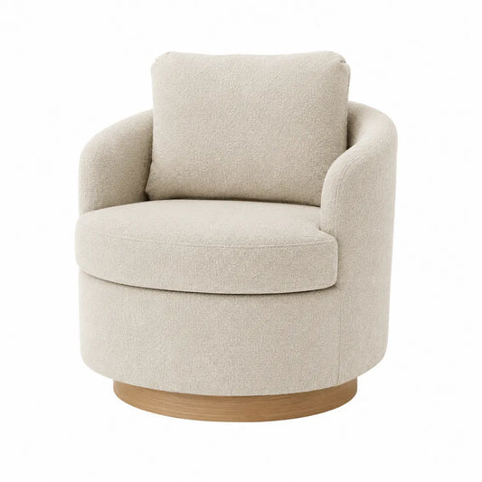 Silla Giratoria de Tela de Lana Beige con Base de Madera