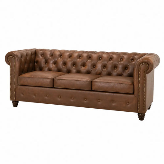 Sofá Chesterfield de 3 plazas de cuero genuino marrón