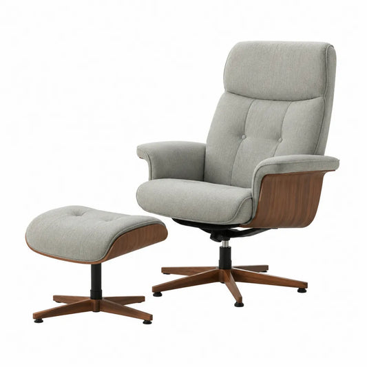 Silla Reclinable de Tela con Otomana Gris y Base de Madera