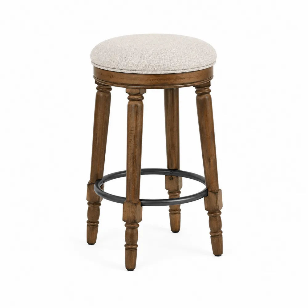 Taburete de madera y tejido beige con aro metálico