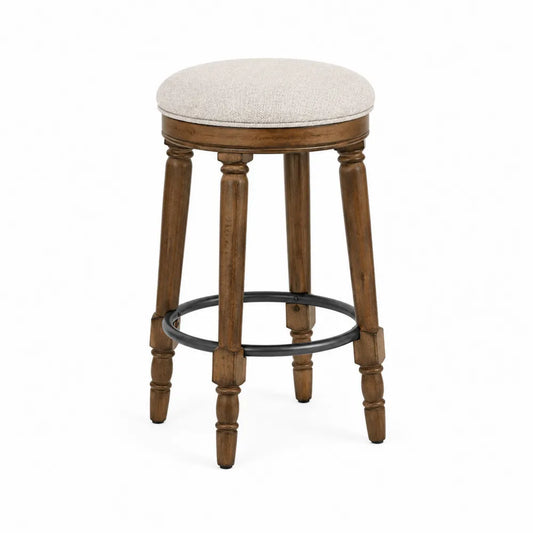 Taburete de madera y tejido beige con aro metálico