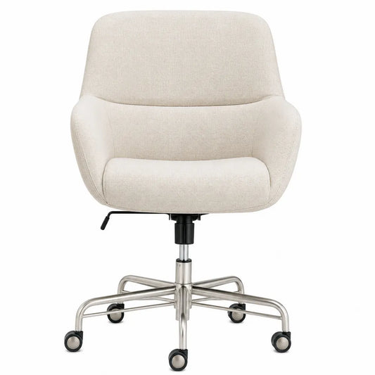 Silla de oficina giratoria beige de poliéster con base de acero inoxidable