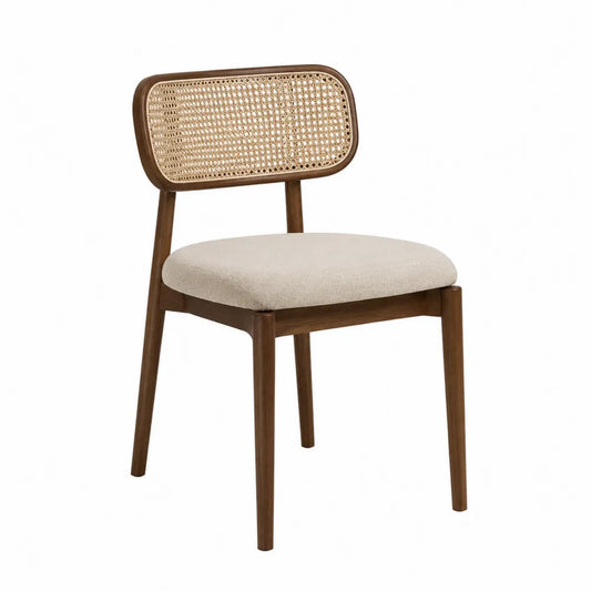 Silla de madera y ratán con asiento de algodón beige