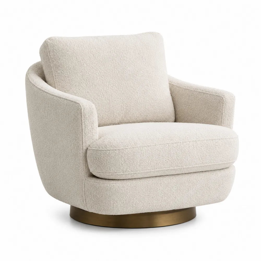Sillón giratorio de bouclé beige con base metálica
