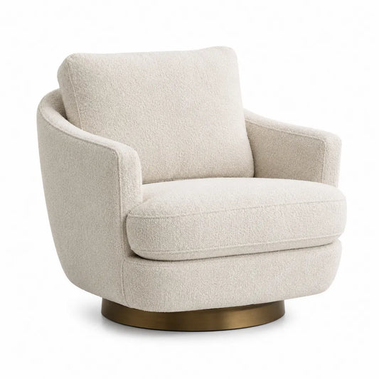 Sillón giratorio de bouclé beige con base metálica