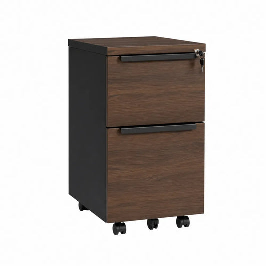 Cajonera de MDF oscuro con ruedas y 2 cajones