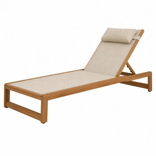Tumbona de madera de teca con cojín de poliéster beige