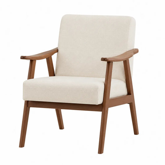 Silla de tela beige con estructura de madera