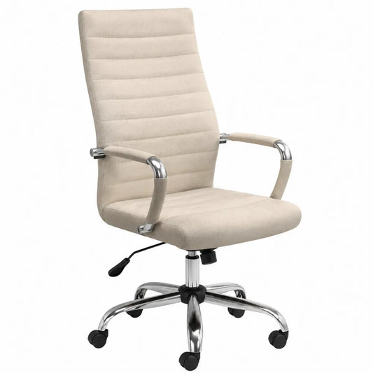 Silla de oficina beige de tela y acero cromado