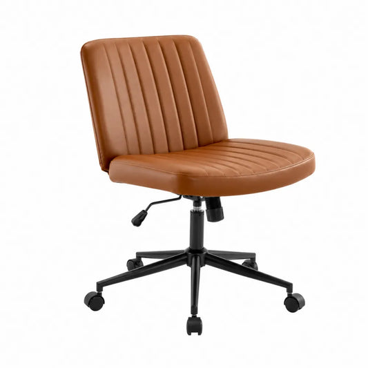 Silla de oficina de cuero sintético marrón con base metálica